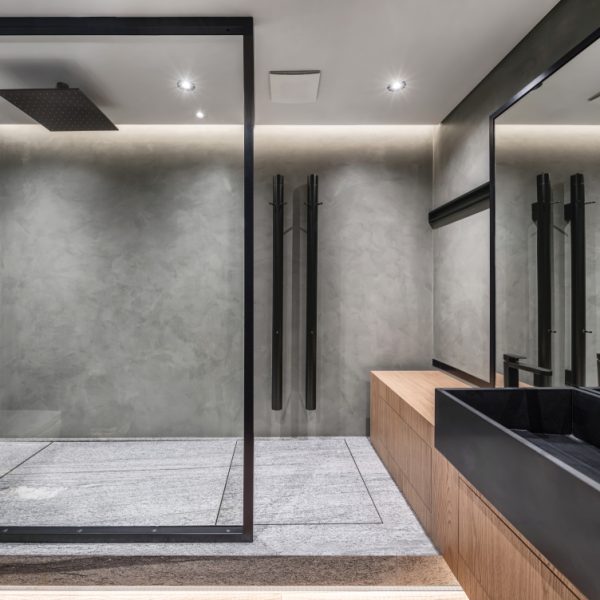 Glass shower doors that are framed with black-painted steel